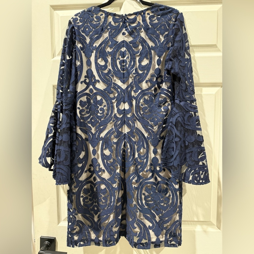 MSK Navy Blue Patterned bell Sleeve Dress with nude lining - Picture 7 of 9